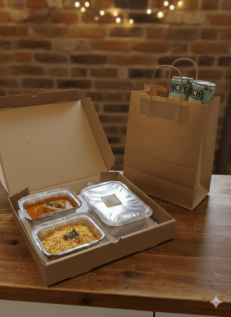 takeaway meal including Inches Apple Cider