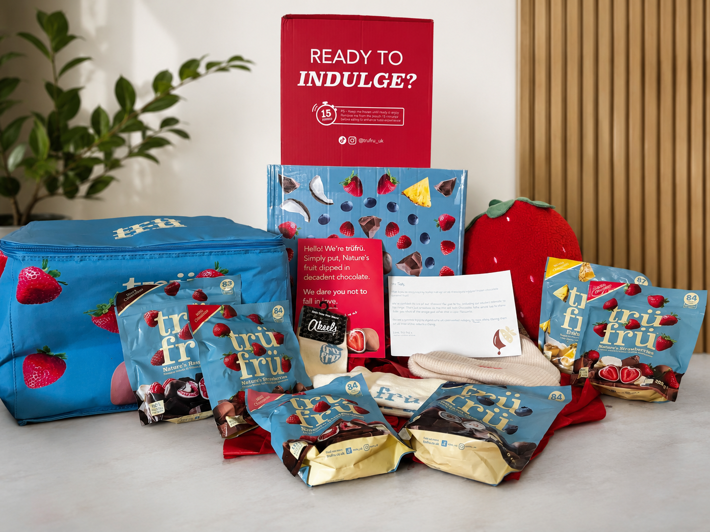 Flavor Sampling gift set with snacks, chocolates, and promotional materials for TruFru.